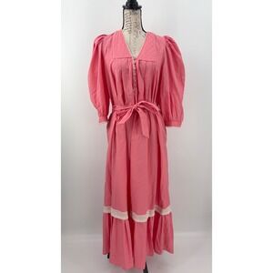 B44 Hunter Bell Bowen Midi Dress M Puff Sleeve Belted Fit And Flare Party Garden